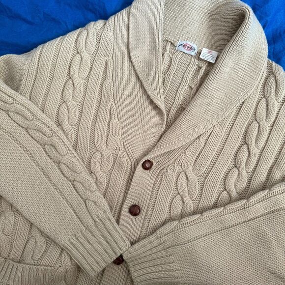 Vtg tan cable knit 100% wool shawl collar cardigan Men 3X fisherman grandpa cozy - Picture 1 of 7